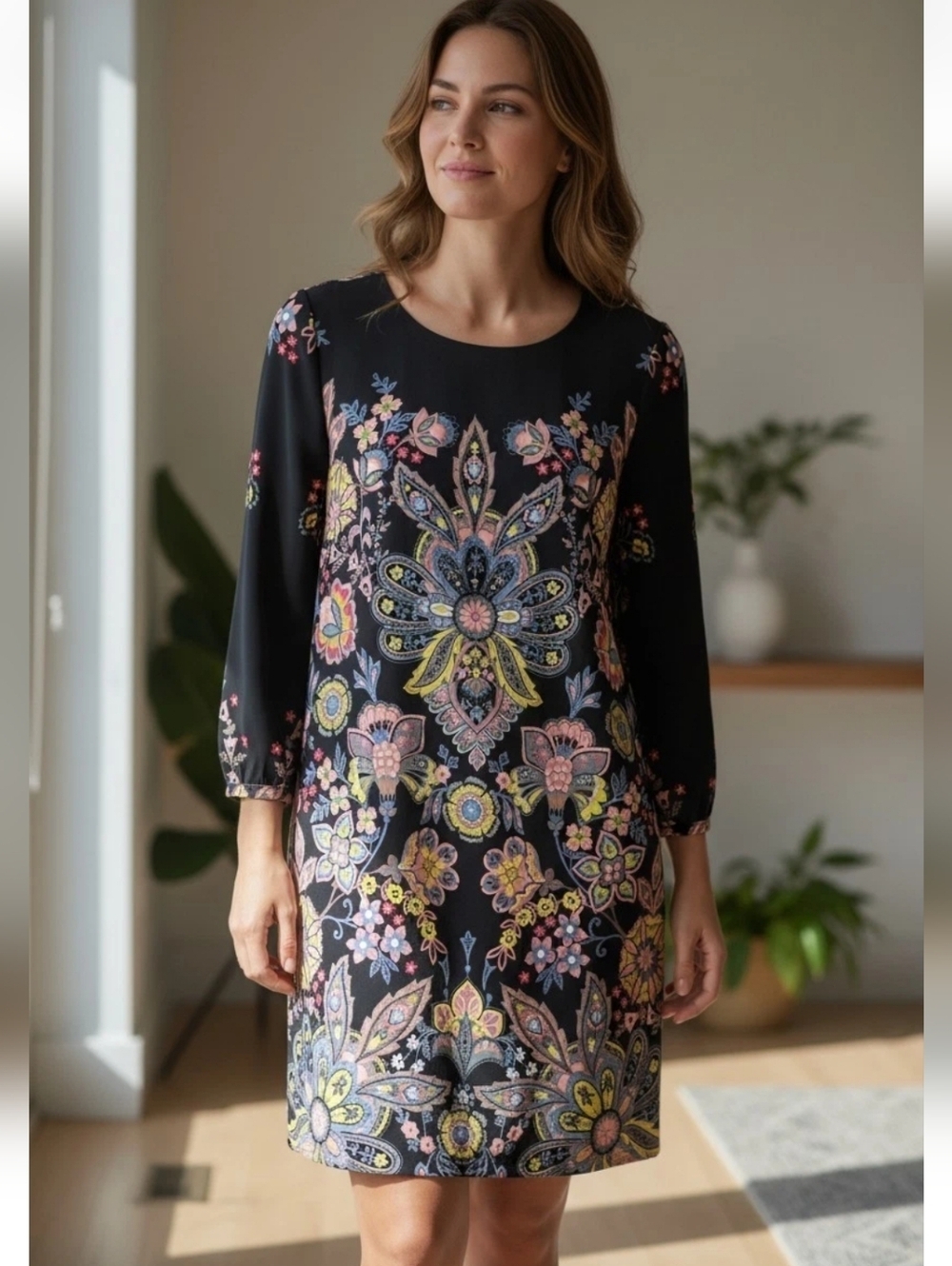 Loft Ann Taylor Women's Shift Dress Long Sleeves Medallion Print Multicolor XXSP